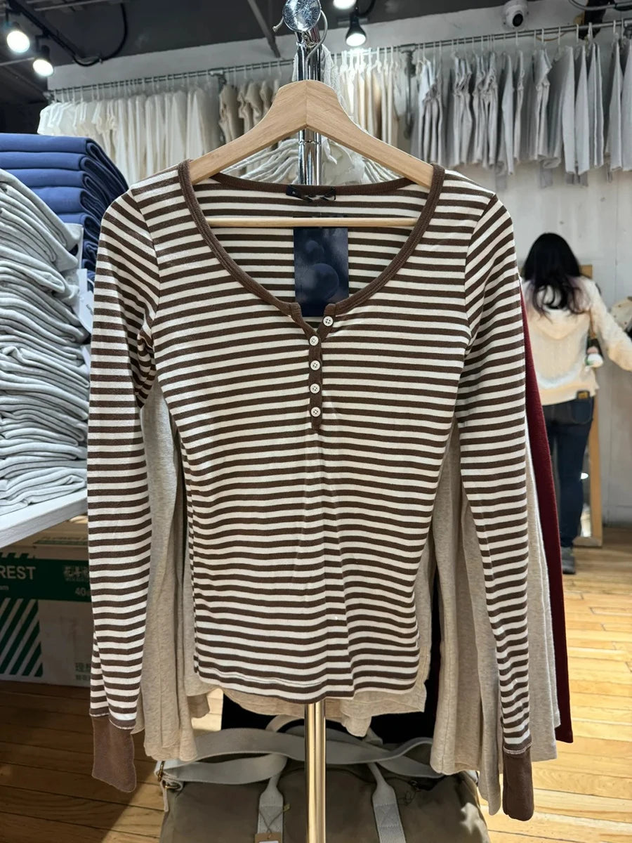 Cute Pink Brown Striped T-shirt Women Buttons O-Neck Cotton Slim Patchwork Long Sleeve Tee Sweet Preppy Style Tshirt Y2K Top New
