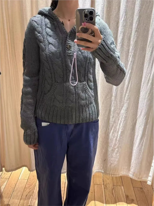 Chic Twist Flower Buttons Slim Sweater Women Autumn Solid Pocket Hooded Long Sleeve Knitted Hoodie Vintage Simple Sweaters New