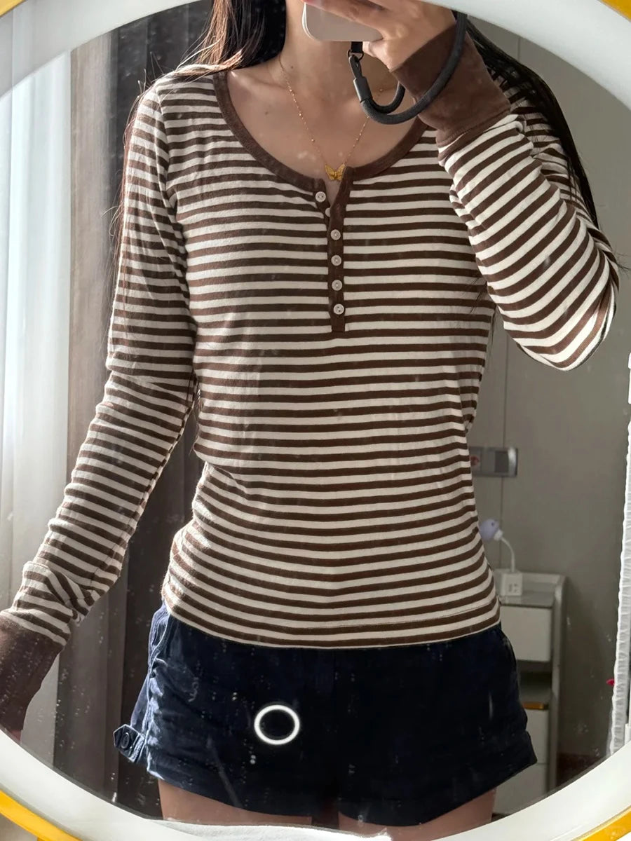 Brown Striped Long Sleeve Zelly Tops Women Casual Chic Cotton Buttons T-shirt Vintage Simple Preppy Style Slim Tshirt Y2K Tees
