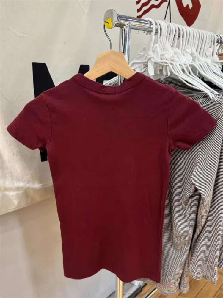 Burgundy Letter Appliques Slim T-shirts Woman Summer Streetwear Cotton Crew Neck Short Sleeve Tee Shirt American Vintage Tshirts