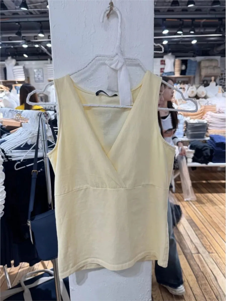 Solid Slim V-neck Tank Top Women Casual Simple Basic Cotton Sleeveless Vest Clean Girl Preppy Style Sweet Cute Camisole Y2K