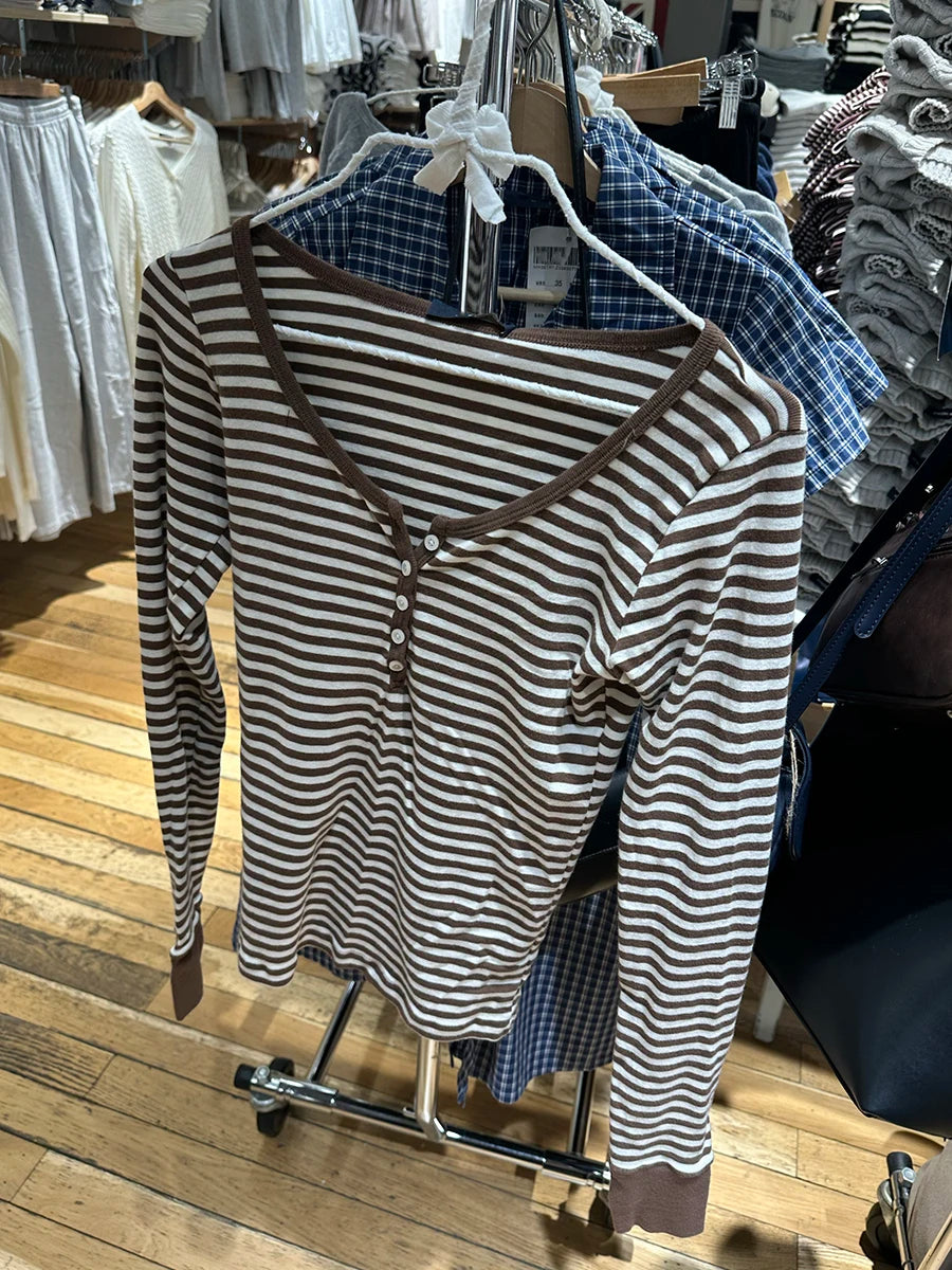 Brown Striped Long Sleeve Zelly Tops Women Casual Chic Cotton Buttons T-shirt Vintage Simple Preppy Style Slim Tshirt Y2K Tees