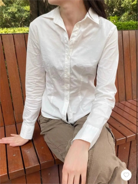 Sweet Solid Buttons Slim Blouse T-shirts Women Casual Turn down Collar Long Sleeve Tee Girls Cute Preppy Style Y2K Crop Tops New