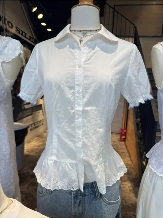 White Blue Lace Trim T-shirt Blouse Women Casual Pan Collar Single Breasted Short Sleeve Tee Sweet Vintage Cute Slim Tshirt Tops