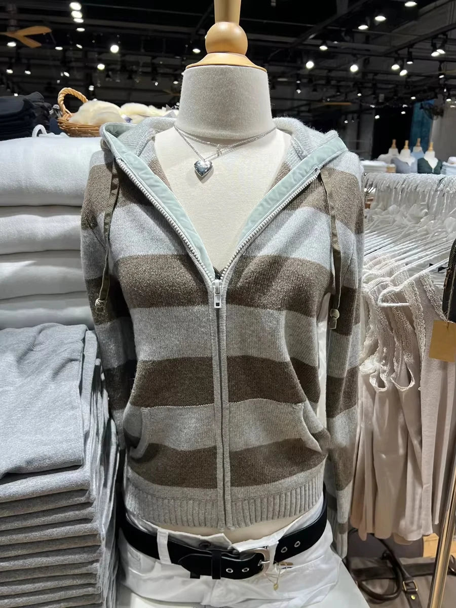 Vintage Gray Striped Cotton Sweater Cardigan Women Autumn Long Sleeve Zipper Knitted Hoodie Preppy Style Chic Sweaters Hooded