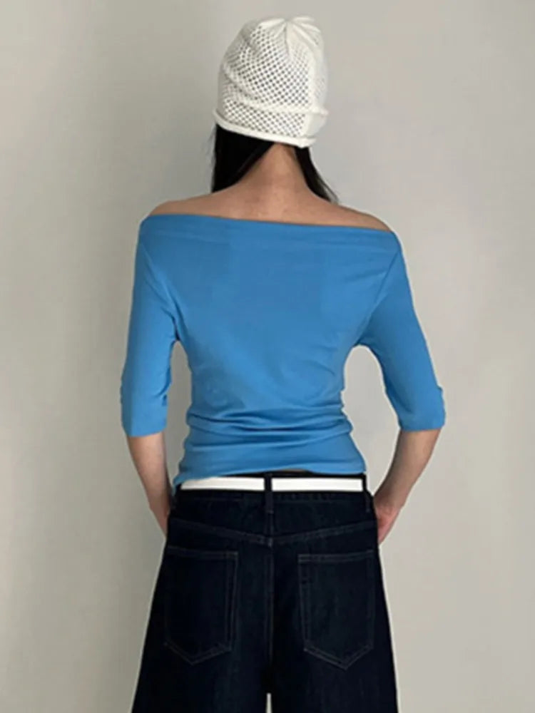 Electric Blue Half Sleeve Tees Women Summer Casual Streetwear Slim Slash Neck Crop Tops Female Vintage Simple Basic T-shirts Y2K