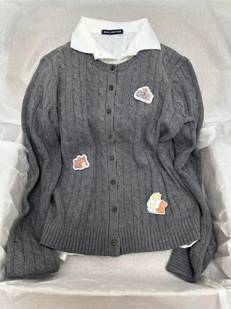 Twist Flower Sweater Cardigan Spring Single Breasted O-neck Long Sleeve Cotton Knitwear Vintage Preppy Style Sweaters Y2K
