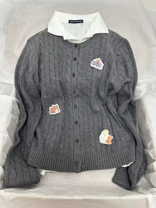 Twist Flower Sweater Cardigan Spring Single Breasted O-neck Long Sleeve Cotton Knitwear Vintage Preppy Style Sweaters Y2K