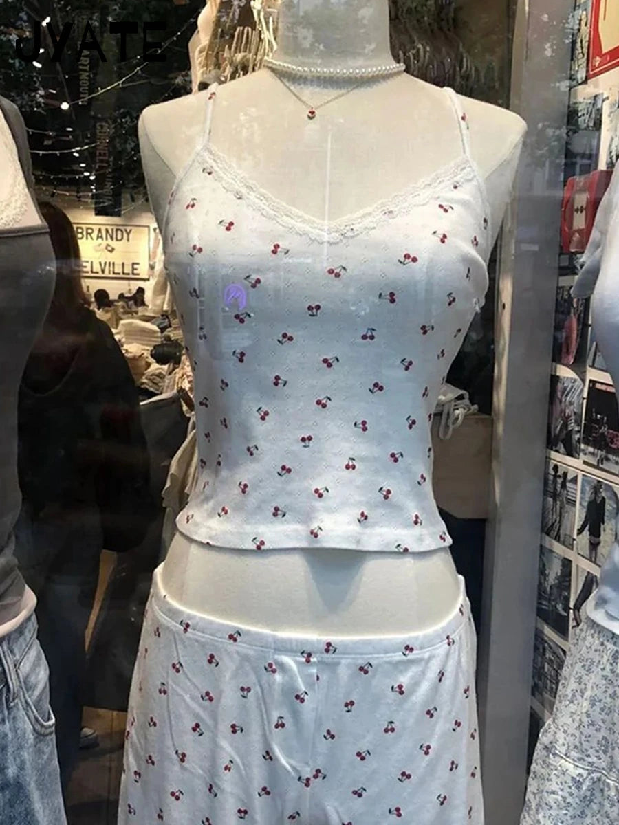 Cherry Print Eyelet Camisole Women New Cotton Soft Lace Trim V-neck Slim Sleeveless Vests Sweet Cute Chic Vintage Tank Tops Y2K