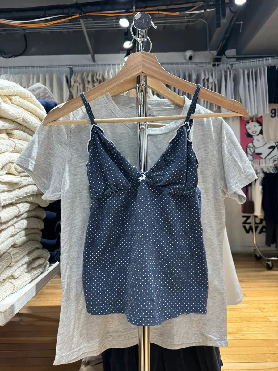 Navy Dot Fungus Trim Bow Tank Tops Women Casual Cotton Slim V-neck Sleeveless Camis Girls Cute Sweet Preppy Style Y2K Crop Top