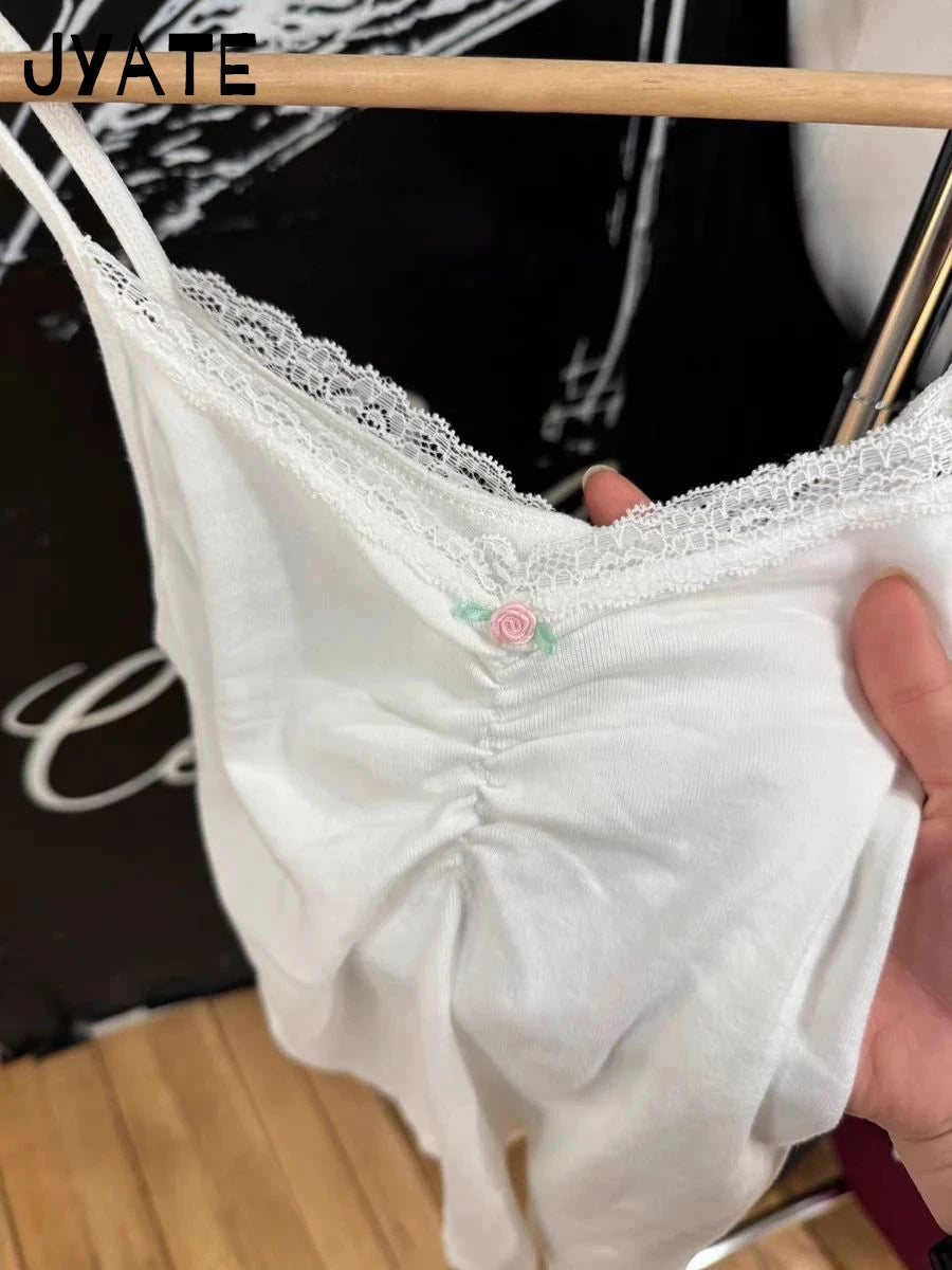 Sweet White V-neck Flower Folds Tank Tops Women New Cotton Casual Slim Lace Trim Sleeveless Vests Cute Vintage Chic Camisole Y2K