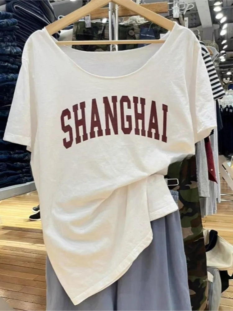 Letter Print Slash Neck T-shirts Women Summer Casual Simple Sexy Loose Short Sleeve Tees Vintage Chic Preppy Style Tops Y2K New