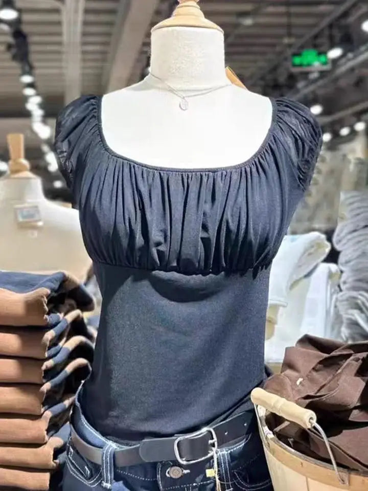 Mint Green Folds Slim T-shirts Women Summer Vintage Square Collar Cotton Puff Sleeve Tees Female Aesthetic Sweet Cute Y2K Tops