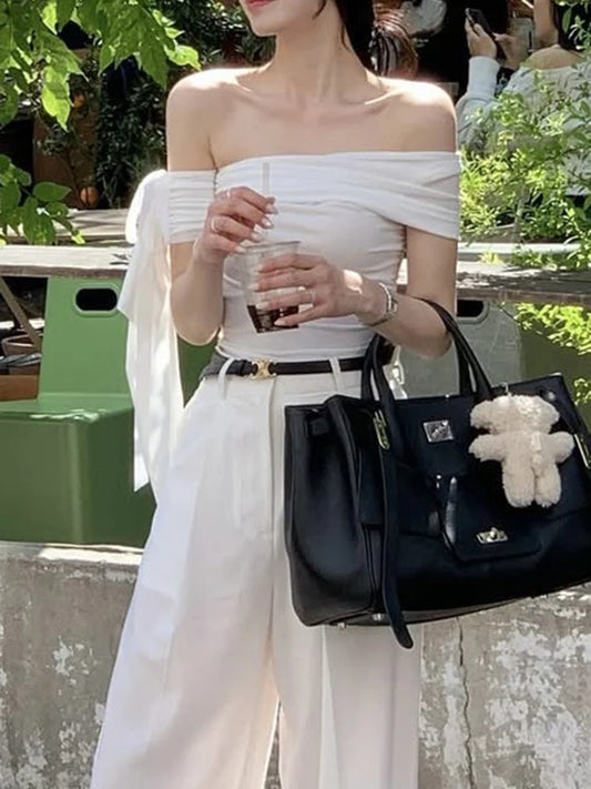 White Strap Irregular Short Sleeve Tee Women Summer New Slim Slash Neck Pleated Arm Tshirt Tops Elegant Chic Sweet T-shirts OOTD