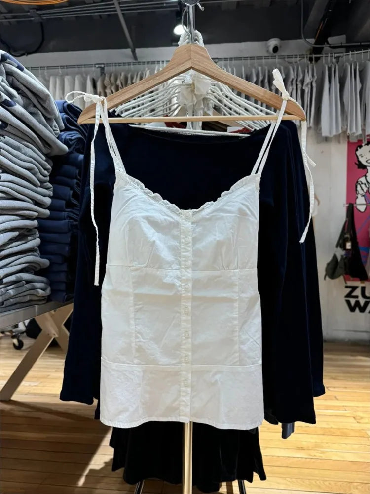 White Simple Lace Trim Lace-up Tank Tops Women Summer New Single Breasted V-neck Slim Camisole Female Sweet Cotton Vest Y2k Tops