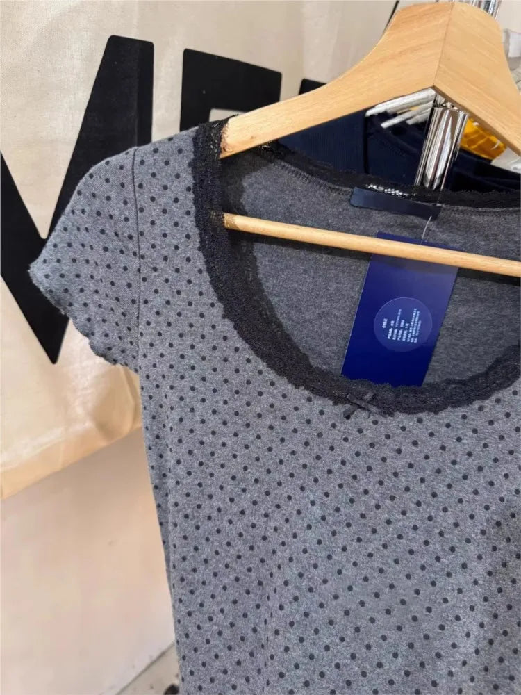 Dot Print Lace Trim Patchwork T-shirts Women New Cotton Casual O-neck Short Sleeve Tees Sweet Preppy Style Cute Tshirt Y2K Tops