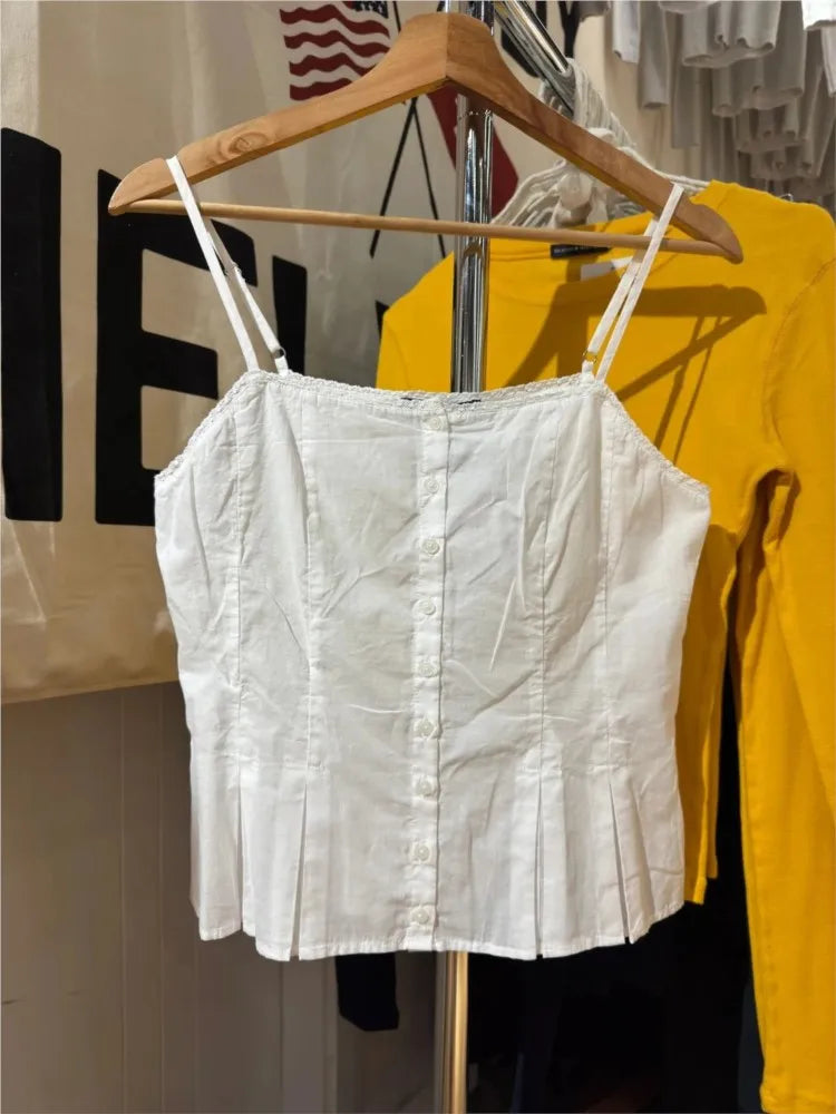 New White Folds Lace Trim Tank Top for Woman Summer Simple Single Breasted Slim Camisole Female Sweet Preppy Style Vest Y2k Tops