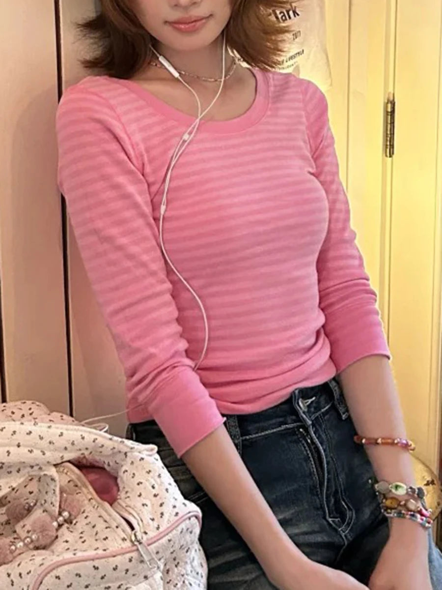 Cotton Pink Striped T-shirts Shorts Set Women Cute Slim U-neck Top+Elastic Waist Short Pant Cozy Sweet Home Pajama 2 Piece Sets
