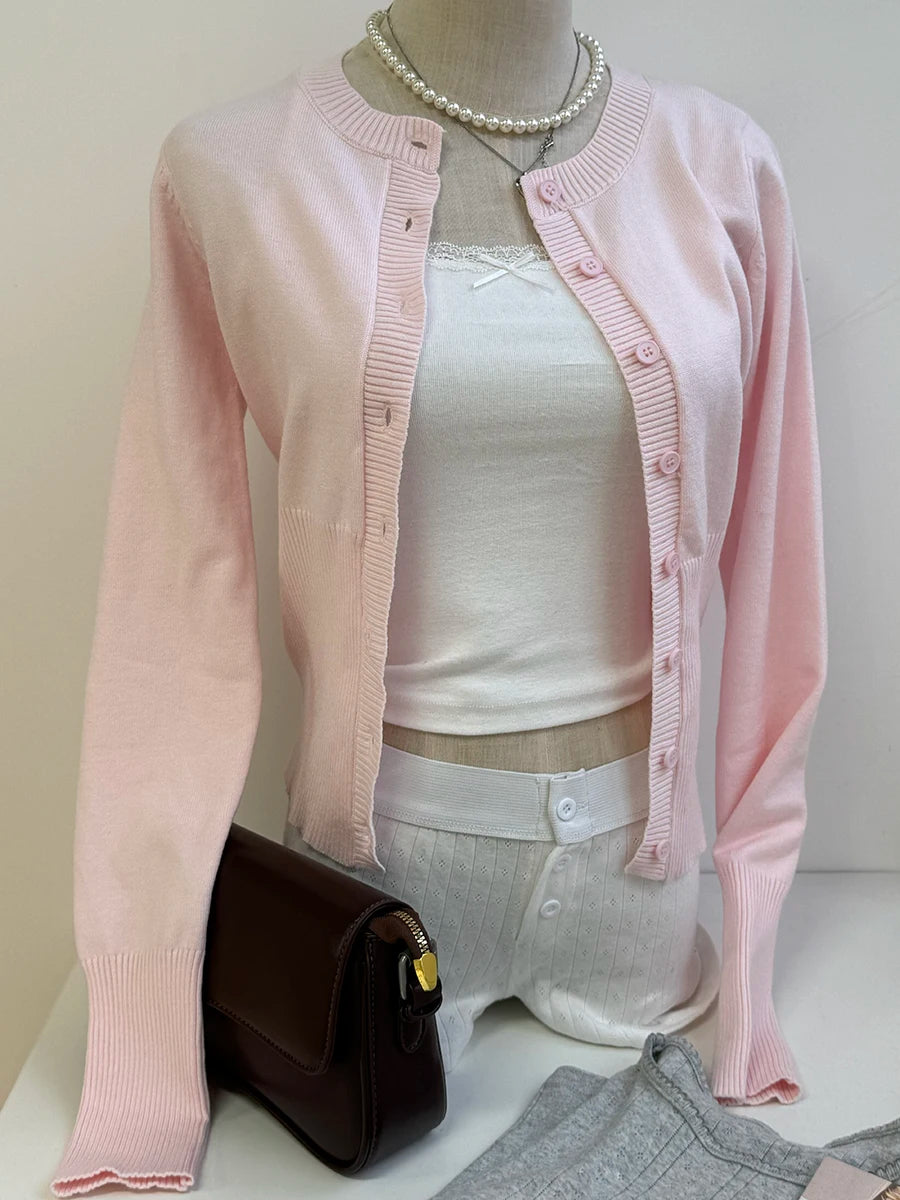 Pink Long Sleeve Knitted Cardigan Women Spring Simple Button Casual Jumper Shoujo Clothes Sweet Cute Preppy Style Sweater Top