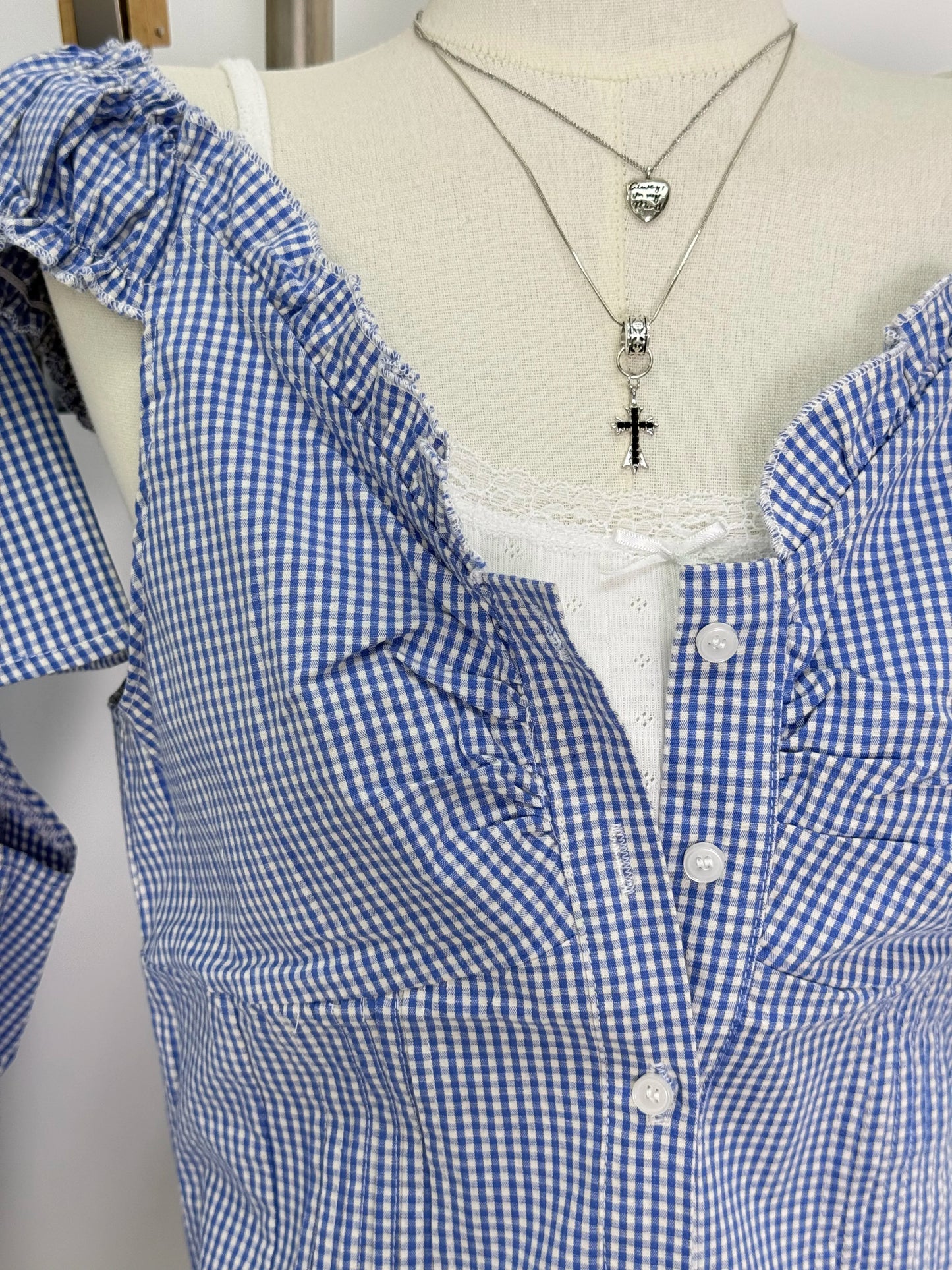 Blue Plaid Folds Blouse Top Women Casual Cotton Single Breasted Ruffle Sleeveless Tank Tops Vest Y2K Sweet Preppy Style Camisole