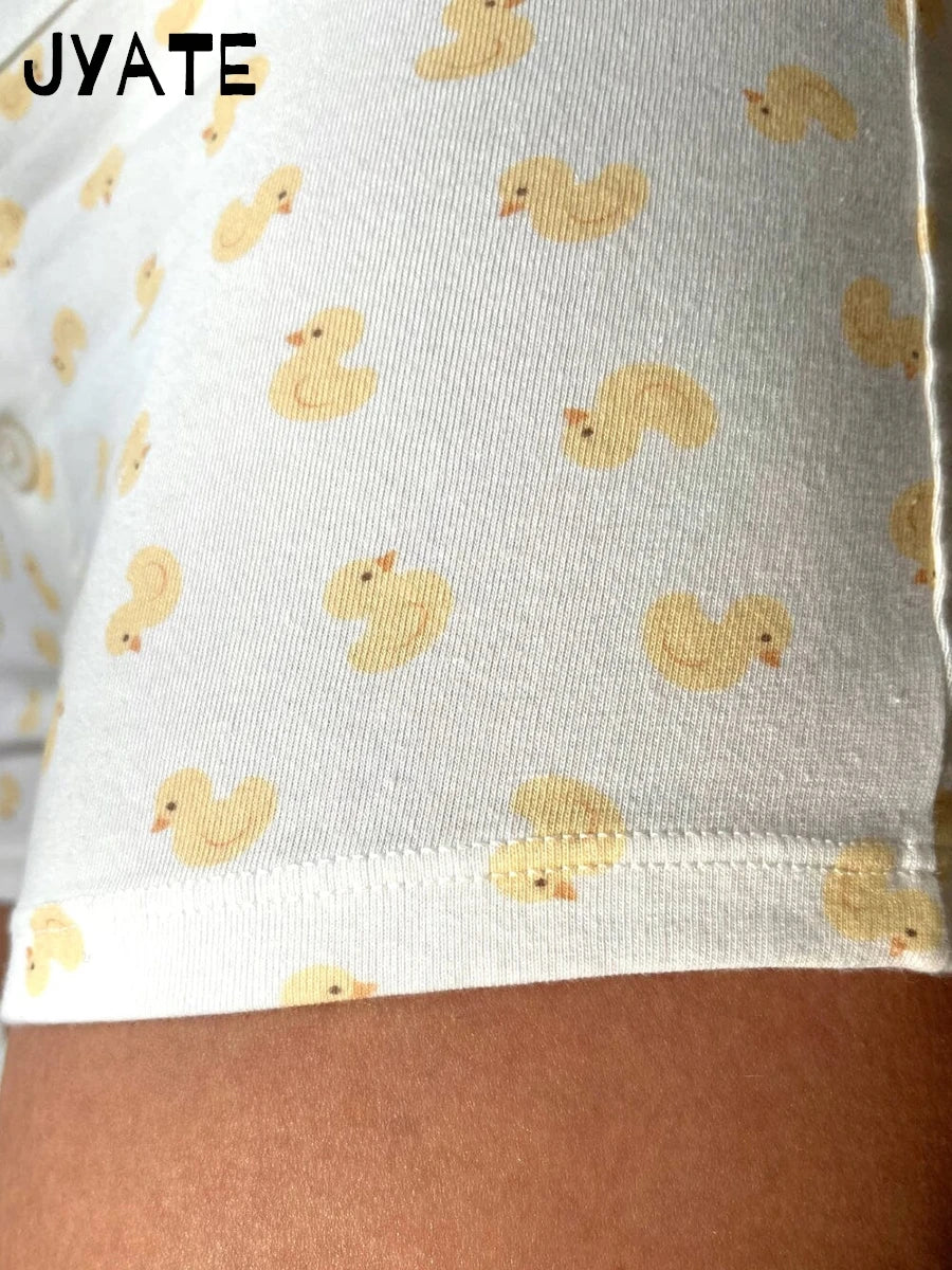 Little Duck Print Patchwork Short Pants Women New Cotton High Waist Buttons Straight Home Underwear Sweet Cute Casual Shorts Y2K