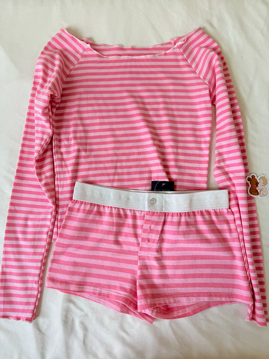 Pink Striped Slash Neck T-shirt Women Summer Casual Streetwear Slim Cotton Short Sleeve Tees Colthes Sweet Cute Simple Tops Y2K