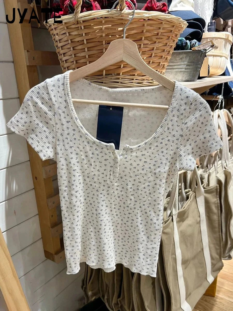 Sweet Blue Floral Waffle O-neck T-shirts Women New Casual Simple Buttons Slim Short Sleeve Tees Preppy Style Cute Y2K Crop Tops