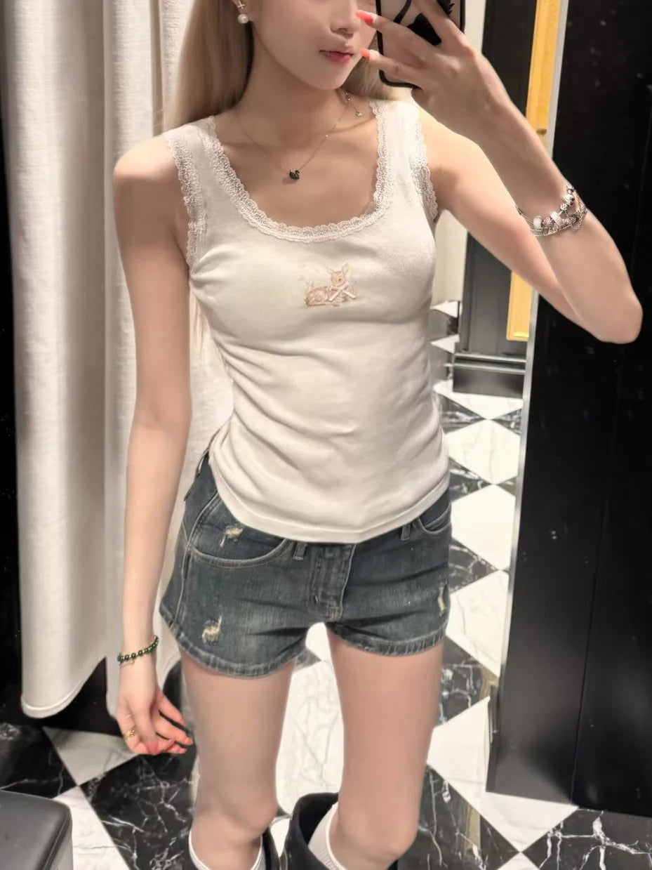 Cute Deer Bow Slim Tank Top Woman Summer Lace Trim U Collar Sleeveless Cotton Camisole Casual Sweet Preppy Style Crop Tops Y2K
