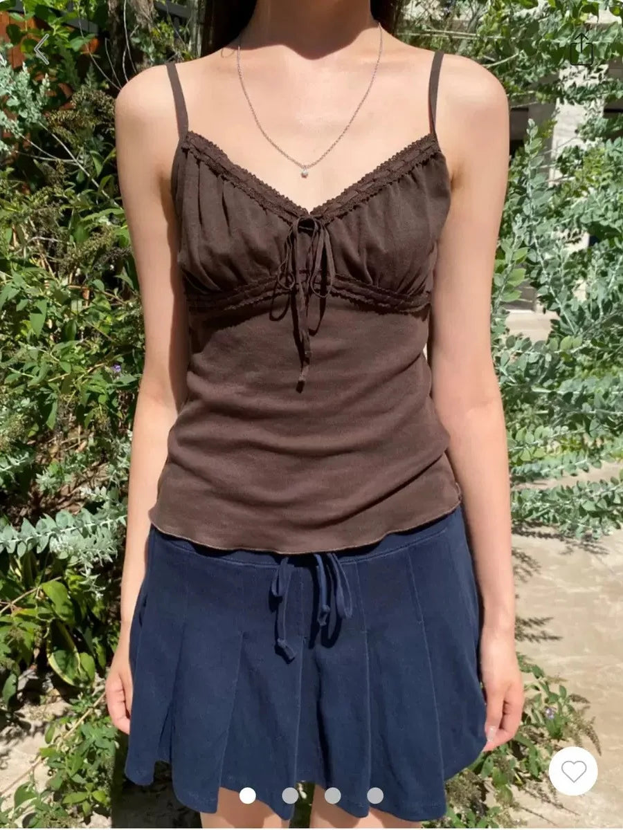 Sweet Pink Folds V-neck Tank Tops Women Summer New Casual Slim Lace-up Sleeveless Vests Cute Preppy Style Simple Camisole