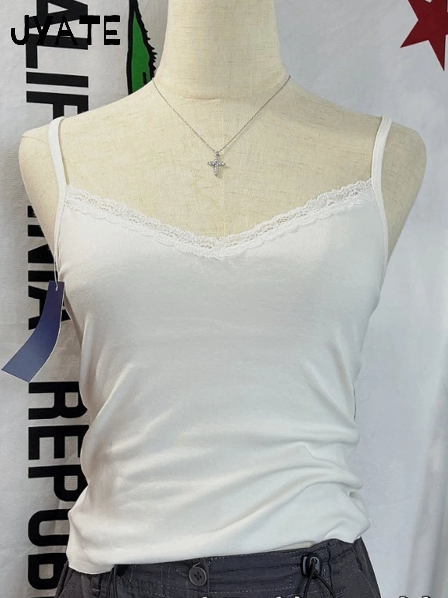 Simple Lace Trim V-neck Camisole Women New Cotton Soft Basic Casual Slim Sexy Sleeveless Vests Sweet Cute Vintage Tank Tops Y2K