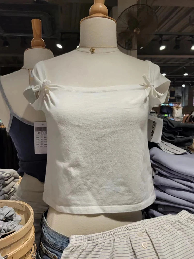 Sweet White Bow Cotton Short Sleeve Tees Women Slim Streetwear Casual Harajuku Square Collar Crop Tops Vintage Cute Y2K Shirts