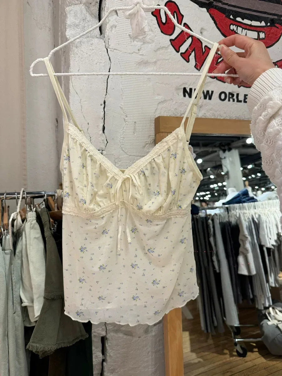 Blue Floral Folds V-neck Tank Tops Women Summer New Sexy Beige Slim Lace-up Sleeveless Vests Sweet Cute Preppy Style Camisole