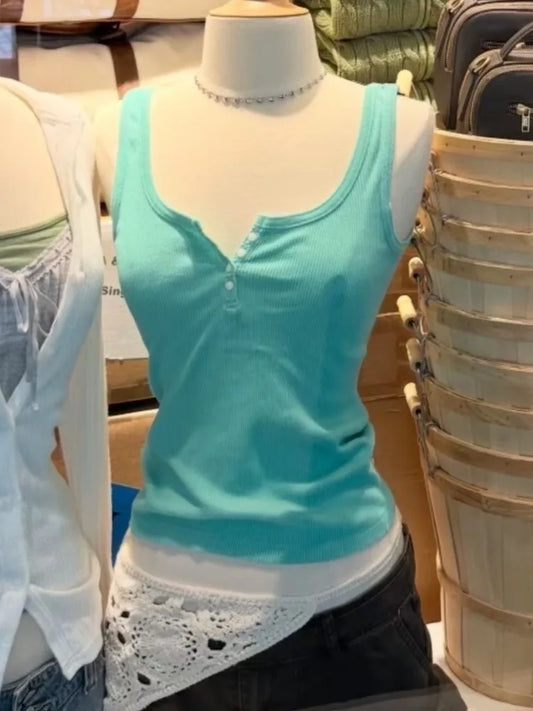 Ribbed Button Tank Tops Women Summer Casual Streetwear Slim Cotton Sleeveless Vests Female Vintage Simple Basic Vest Y2K
