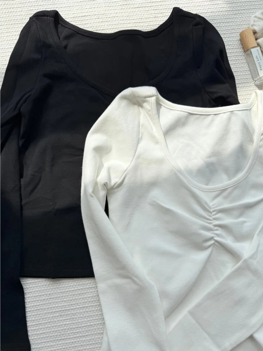 White Sexy Folds Long Sleeve Crop Top Women New Crew Neck Cotton Slim Simple Basic T-shirts Female Sweet Chic Cropped Tees Tops