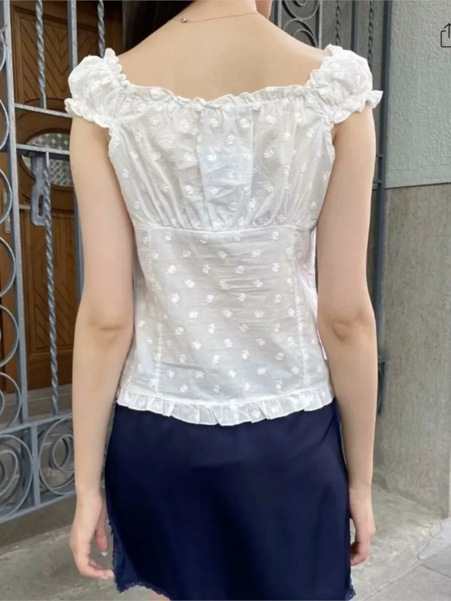 Floral Embroidery Folds Blouse Top Women Summer Single Breasted Ruffle Sleeveless Tank Tops Vest Sweet Cute American Camis New