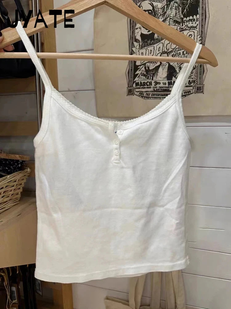 Sweet Cute Pink Buttons Tank Tops Women New Cotton Casual Slim Lace Trim Sleeveless Vests Female Vintage Simple Chic Camis Y2K