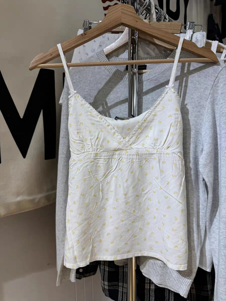 Little Duck Print Tank Shorts Pajama Sets Woman Back Lace-up Bow V-neck Camis+Ruffles SweatshortsCute  Sweet Home 2 Piece Outfit