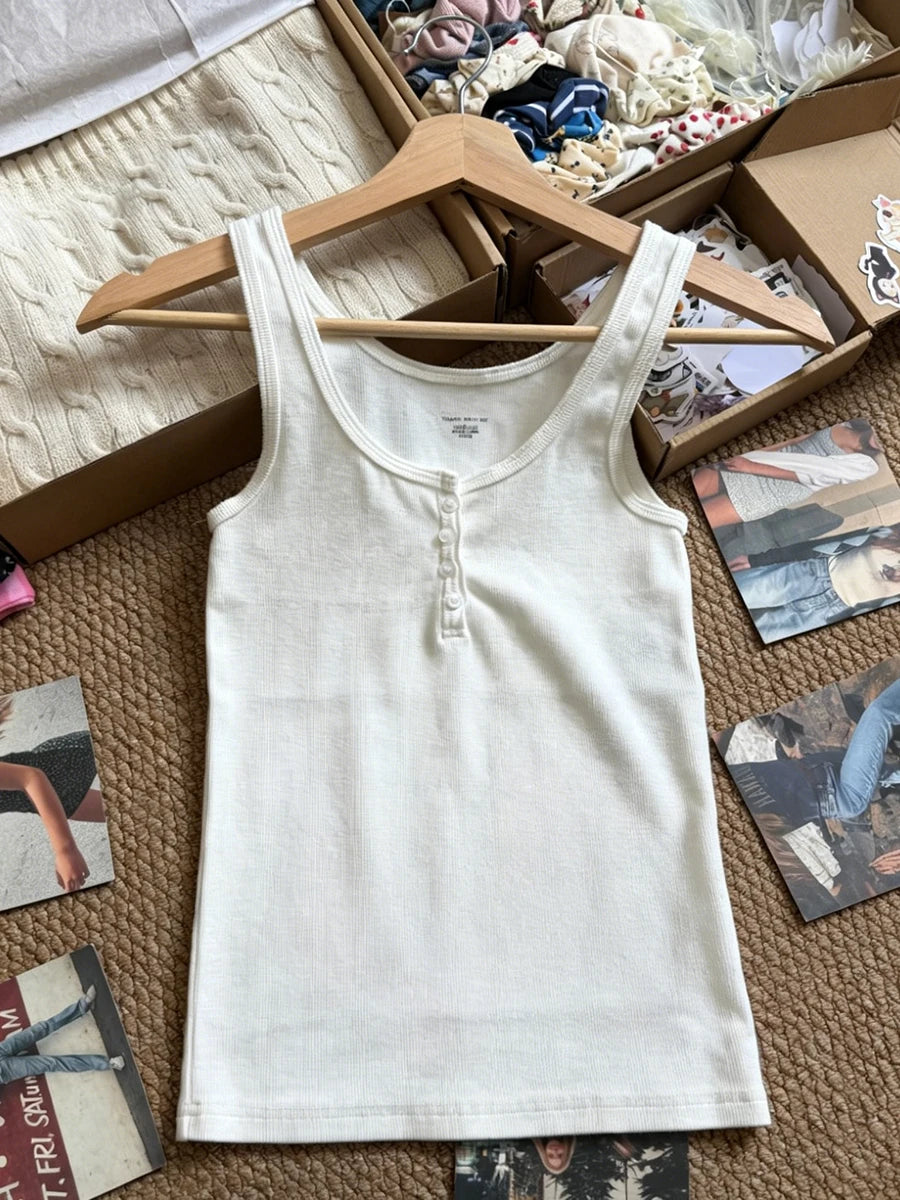 Solid Ribbed Slim Tank Tops Women Streetwear Simple Basic Cotton Buttons Sleeveless Top Female Casual Sweet All-match Y2k Vest