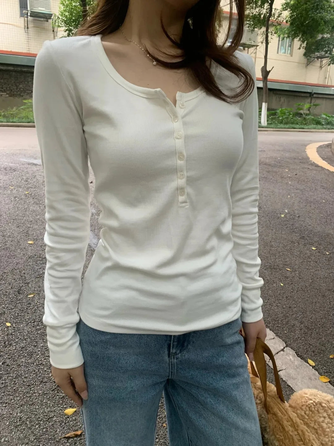 Pink Six Buttons Thin Long Sleeve T-shirts Women Spring Round Neck Cotton Slim Tee Top Female Cute Sweet Tshirt Y2k Tops New