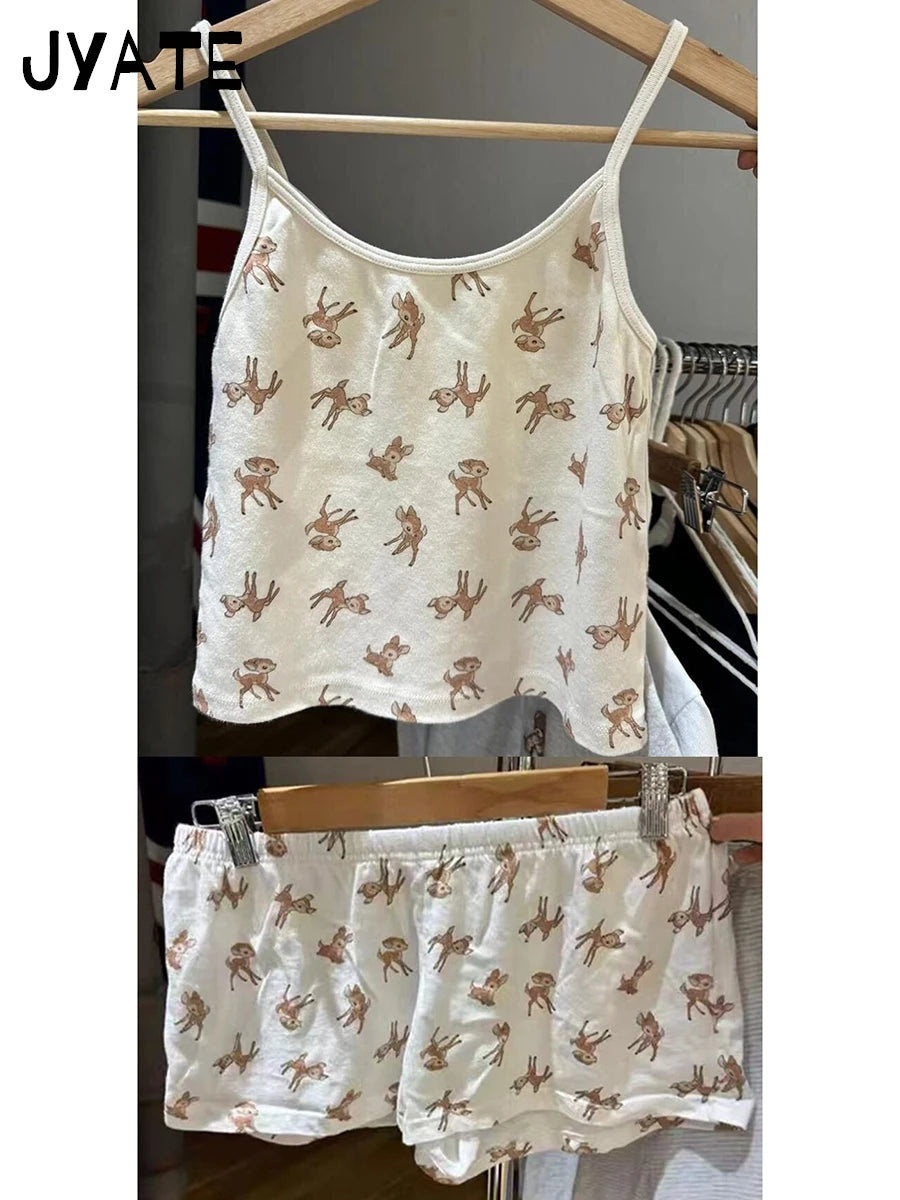 Little Deer Vest Shorts 2 Pieces Set Women Lace Trim Bow Slim Tank Top+Buttons Patchwork Straight Short Pant Sweet Suit Sets Y2K
