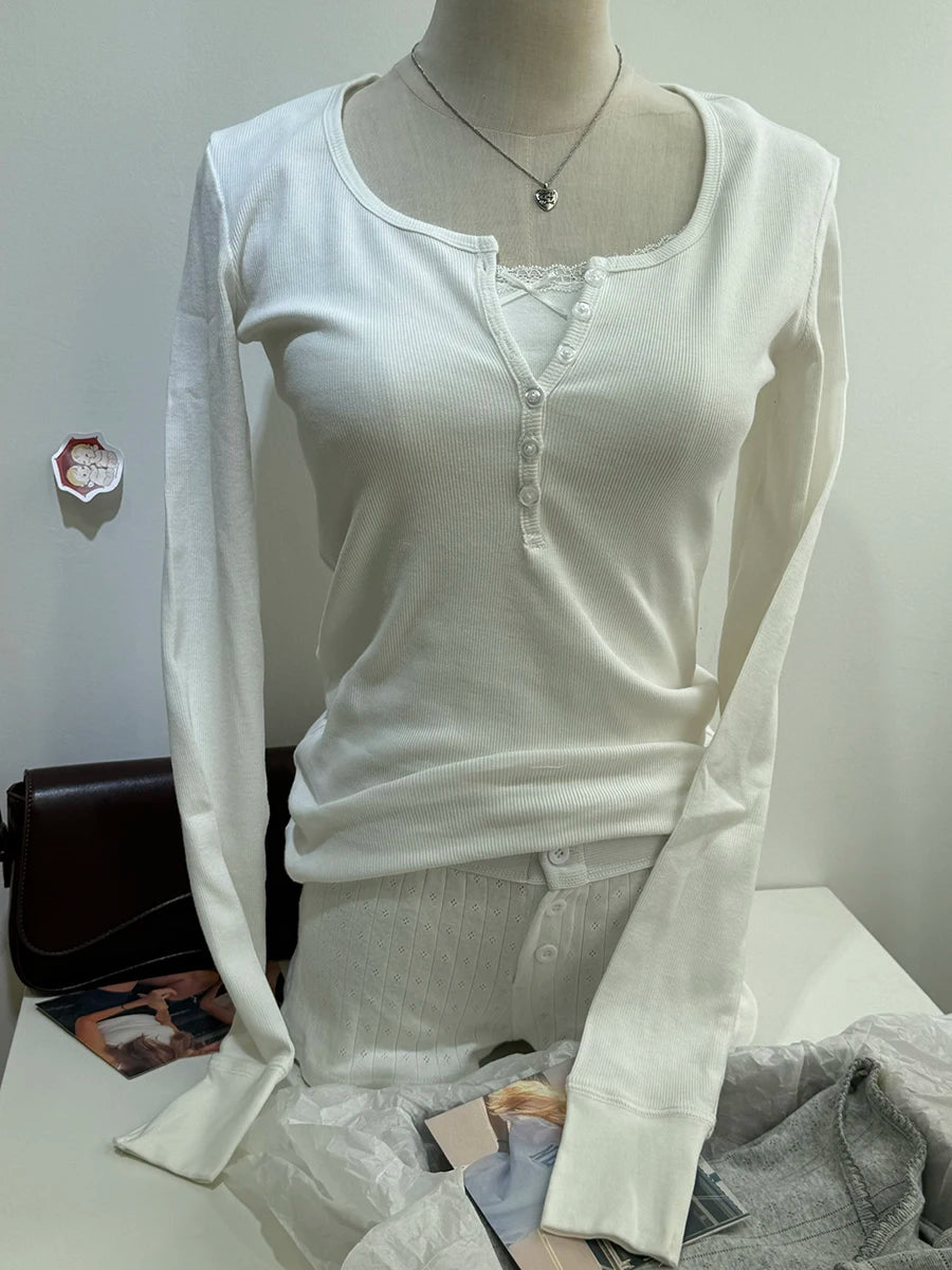 Navy Six ButtonsT-shirts Women Autumn New Round Neck Cotton Ribbed Slim  Long Sleeve Tee Top Casual Vintage Chic Tshirt Y2k Tops