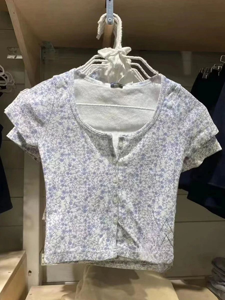Sweet Floral Print O-neck Cotton Short Sleeve Tee Women New Casual Slim Single-breasted Crop Tops Vintage Cute Chic Y2K T-shirts