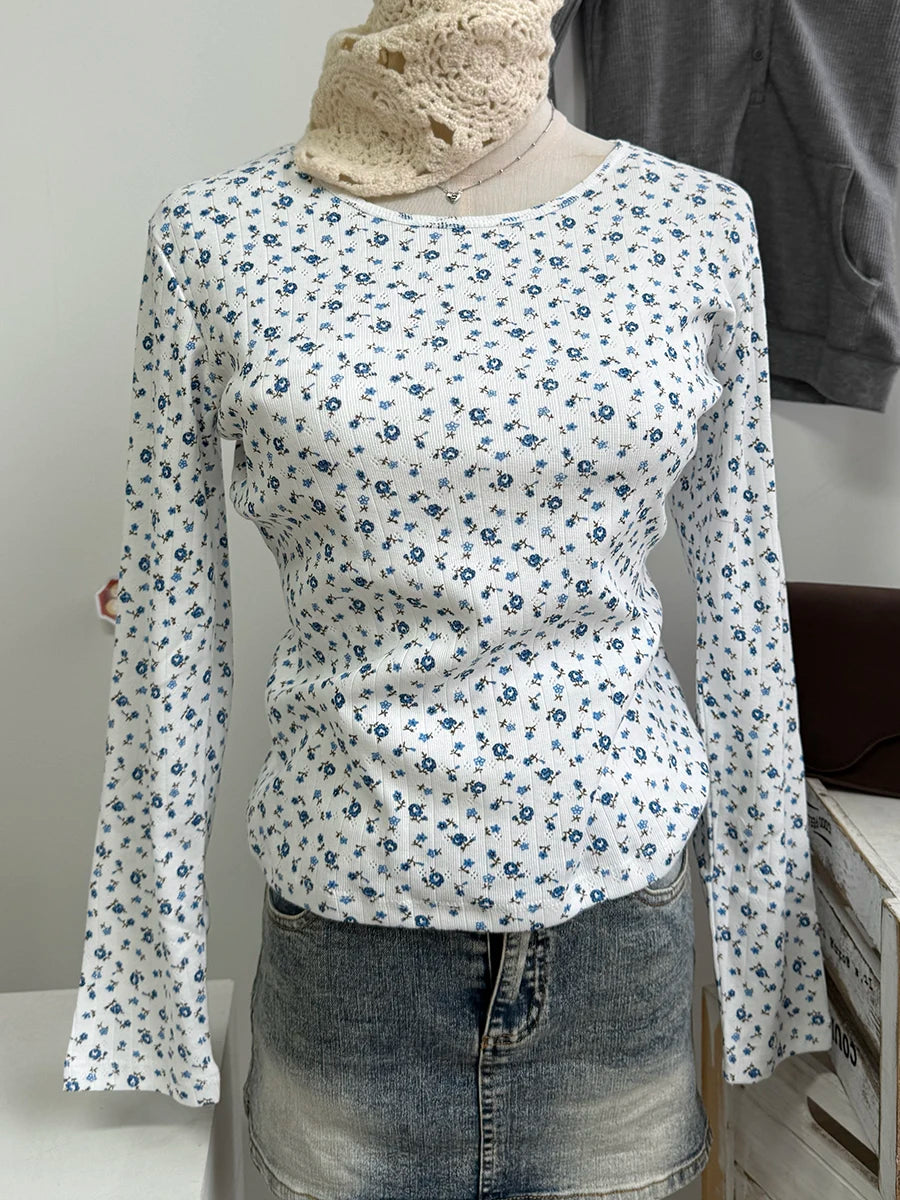 Blue Floral T-shirts Women Spring Casual Streetwear Cotton Crew Neck Long Sleeve Tees Sweet Vintage Chic Preppy Style Shirts
