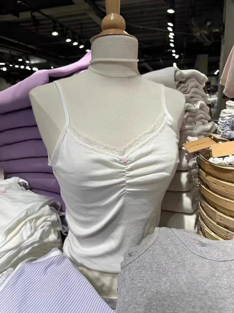 White Lace Trim Sleeveless Tank Tops Women Casual Soft Cotton V-neck Slim  Cropped Vests Vintage Sweet Cute Preppy Style  Camis