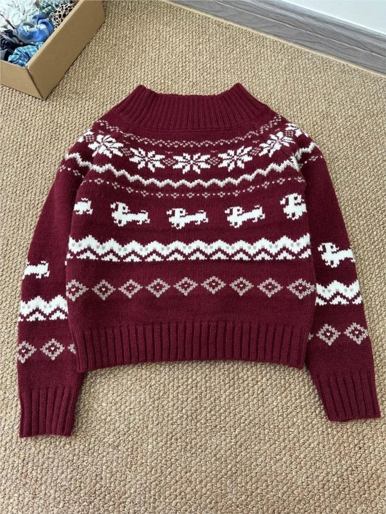 Geometric Jacquard Sweater Women Sexy Slash Neck Cotton Long Sleeve Slim Pullover Top Retro Sweet Cute Knit Sweater Y2k Jumpers
