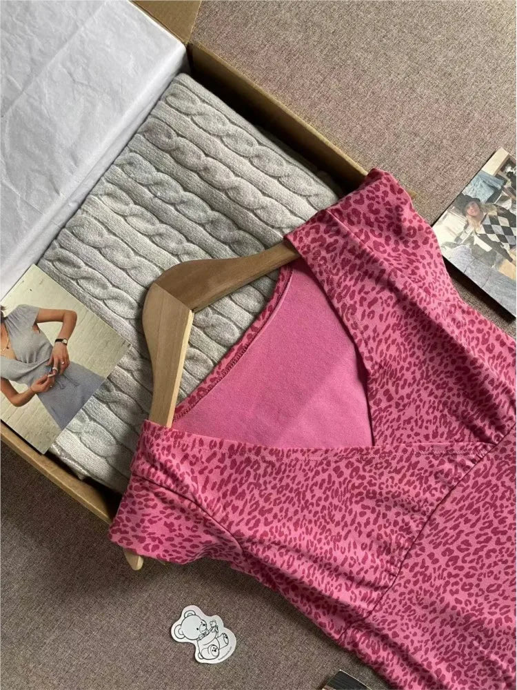 Leopard Print Collection T-shirts Women Summer Cotton Slim Small Flying Sleeves Vests Female American Vintage Sweet Tops Y2K