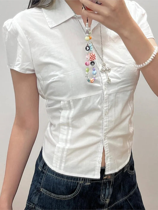 Lace Trim White Blouse T-shirts Women Summer New Casual Single Breasted Short Sleeve Tees Sweet Preppy Style Cute Slim Tops Y2K