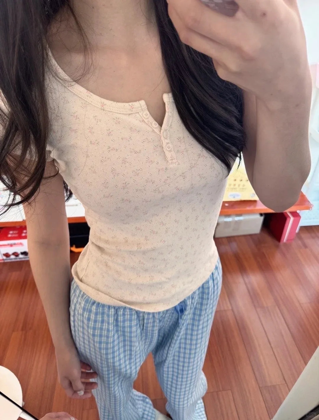 Sweet Blue Plaid Straight Pants Women Summer Chic Drawstring Low Waist Trousers Female Preppy Style Cozy Cotton Long Pant Y2K