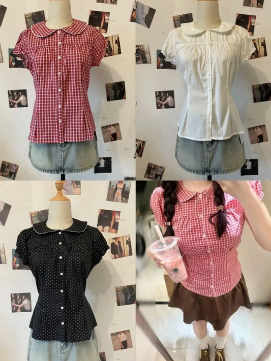 Sweet Peter Pan Collar Blouse Women Casual Streetwear Buttons Short Sleeve Tees Cute Preppy Style Chic T-shirts Y2K Blouses