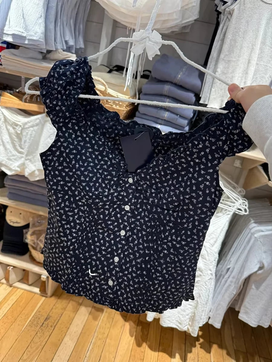 Navy Floral Folds Ruffle Sleeveless Tank Tops Women Summer New Single Breasted Blouse Top Vest Vintage Sweet Preppy Style Camis